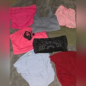 Mixed Ribbed & Graphic Tube Tops Bundle - Pink, Black, Blue, Red, Olive